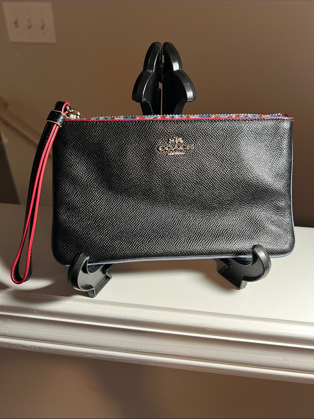 Coach Black Leather Wristlet with Red Strap and Multicolor Trim
